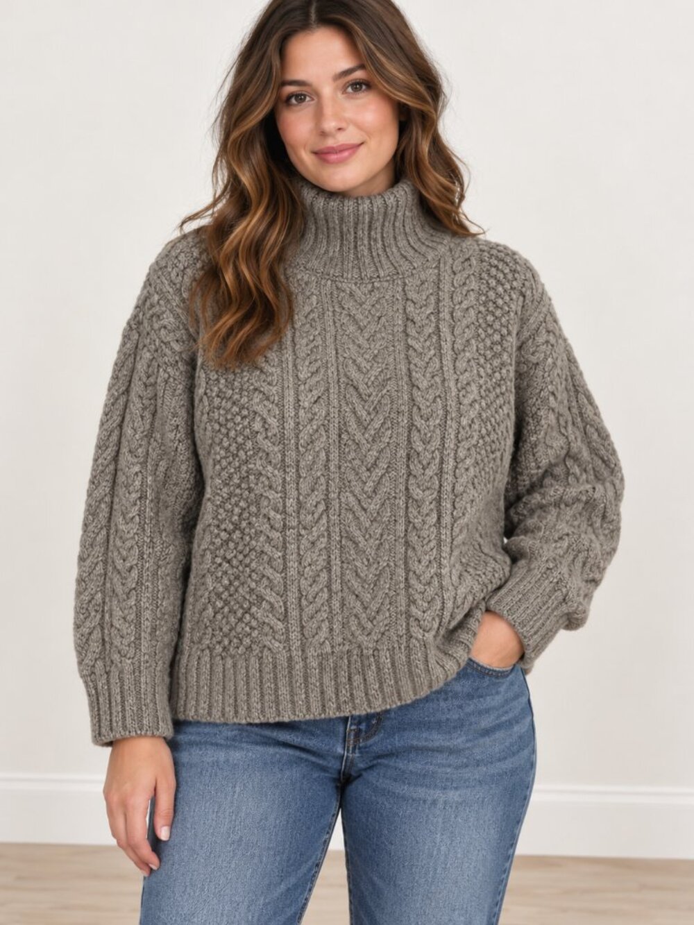 Vintage 90s J.Crew 100% Wool Hand Knit Fisherman Aran Turtleneck Sweater M